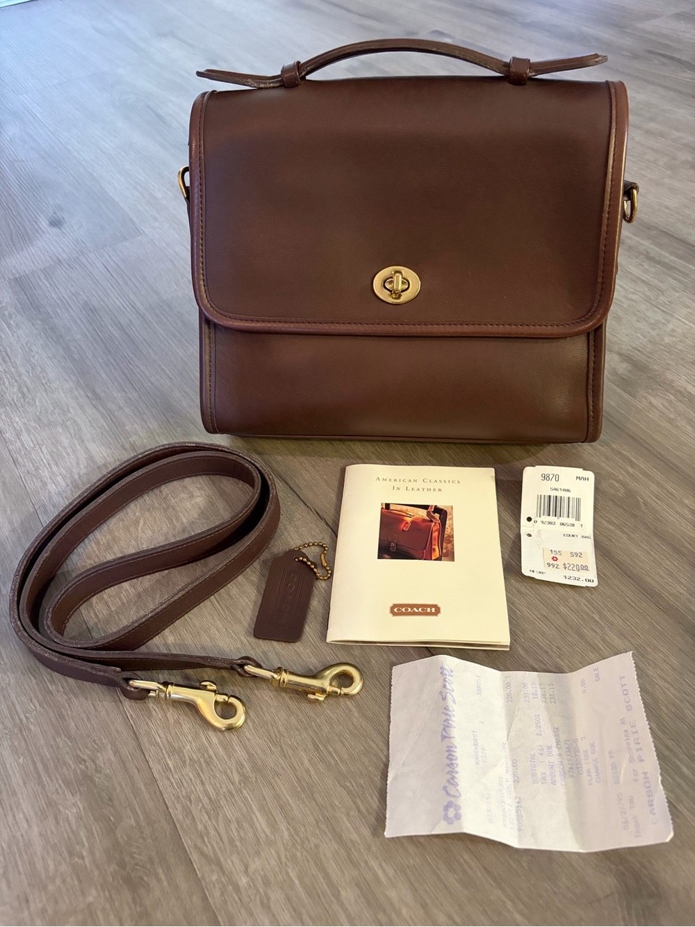 1995 Vintage Coach Court Bag 9870 in Mahogany & Brass w/ Original Receipt & Tag